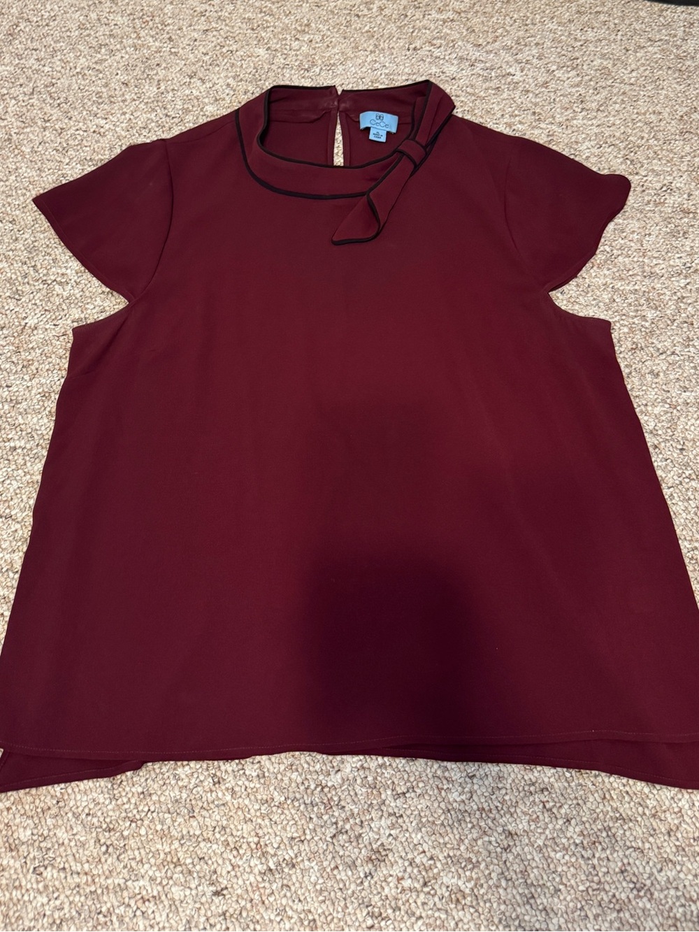 CeCe Burgundy Tie-Neck Short Sleeve Blouse